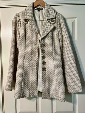Love Stitch Women’s White and Gold Tweed Style Coat Jacket Medium